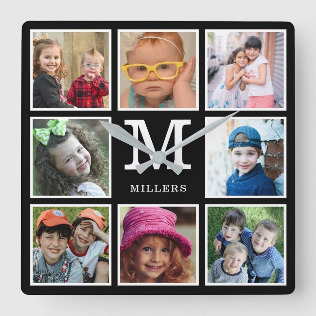 Create Your Own 8 Photo Collage Family Monogram Square Wall Clock (Front)