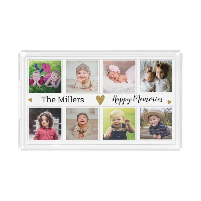 Create Your Own 8 Photo Collage Family Name Acrylic Tray (Front)