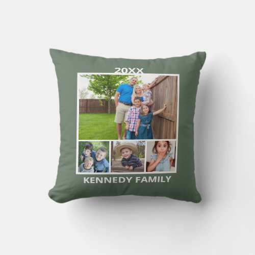 Create Your Own 8 Photo Collage Family Name Green Throw Pillow