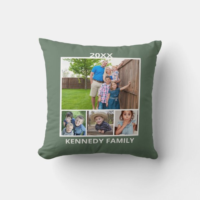 Create Your Own 8 Photo Collage Family Name Green Throw Pillow (Front)
