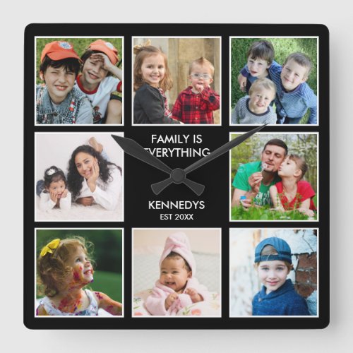 Create Your Own 8 Photo Collage Family Name Quote  Square Wall Clock