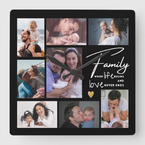 Create Your Own 8 Photo Collage Family Quote   Square Wall Clock