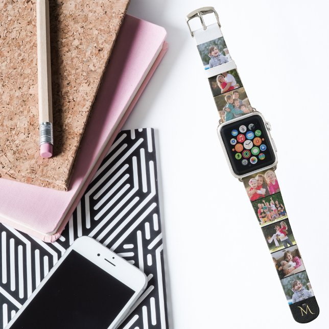Create Your Own 8 Photo Collage Gold Monogrammed Apple Watch Band (Create Your Own 8 Photo Collage Gold Monogrammed Apple Watch Band)