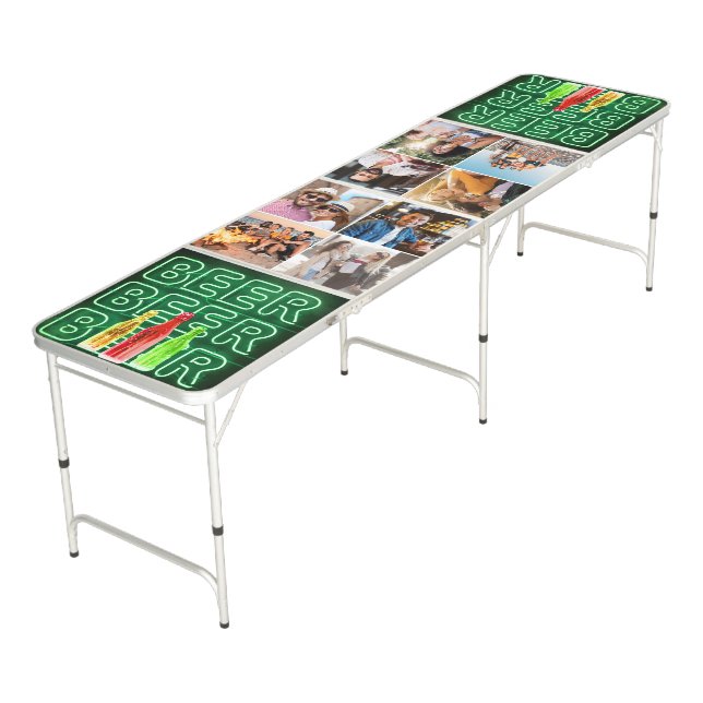 Create your Own 8 Photo Collage Green Neon Sign Beer Pong Table (Angled)