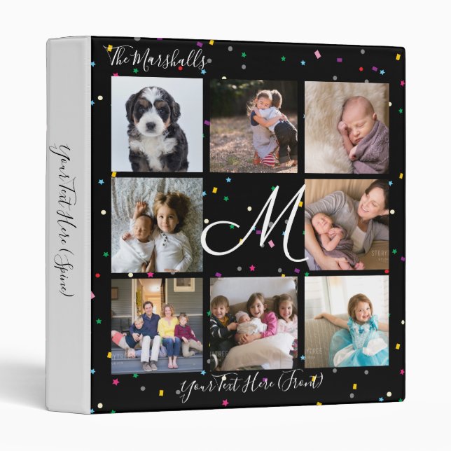 Create Your Own 8 Photo Collage Monogram Black 3 Ring Binder (Front/Spine)