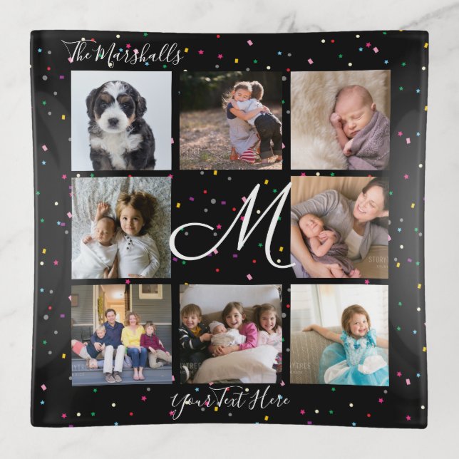 Create Your Own 8 Photo Collage Monogram Black Trinket Tray (Front)