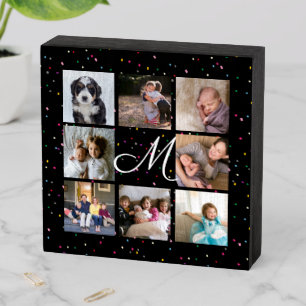 Create Your Own 8 Photo Collage Monogram Black Wooden Box Sign