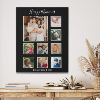 Create Your Own 9 Family Photo Collage Black Faux Canvas Print
