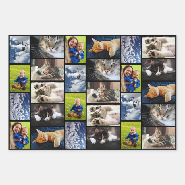 Create Your Own 9 Photo Collage Black Border Wrapping Paper Sheets (Front)