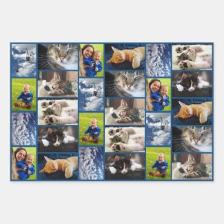 Create Your Own 9 Photo Collage Blue Border Wrapping Paper Sheets