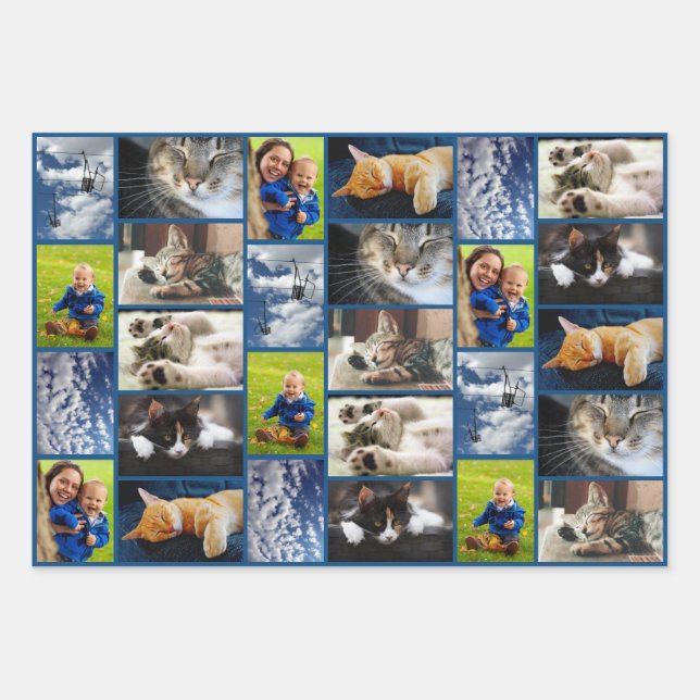Create Your Own 9 Photo Collage Blue Border Wrapping Paper Sheets (Front)