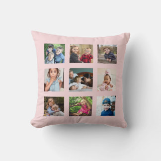 Create Your Own 9 Photo Collage Blush Pink Throw Pillow
