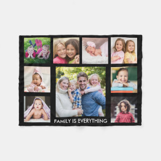 Create Your Own 9 Photo Collage Family Quote Black Fleece Blanket