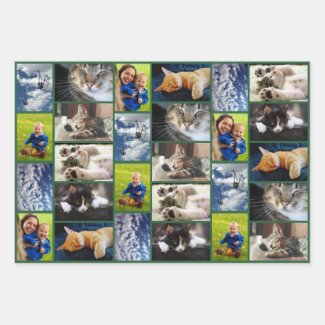 Create Your Own 9 Photo Collage Green Border Wrapping Paper Sheets