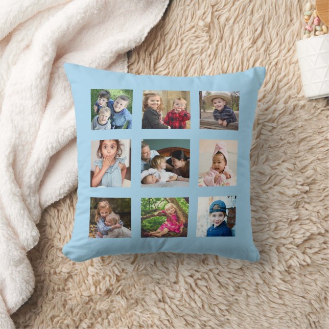 Create Your Own 9 Photo Collage Sky Blue Throw Pillow (Blanket)