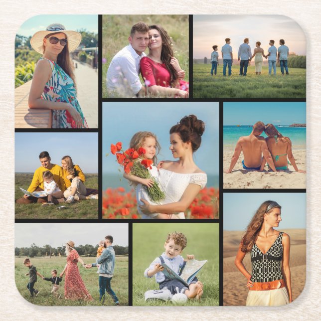 Create Your Own 9 Photo Collage Square Paper Coaster (Front)