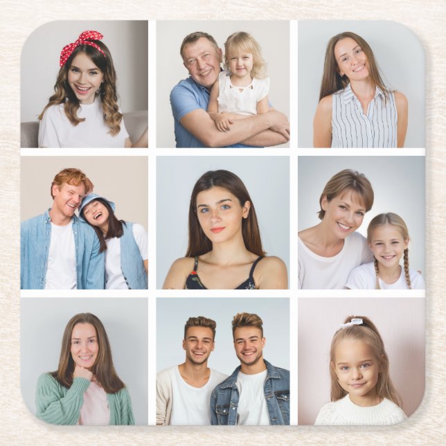 Create Your Own 9 Photo Collage Square Paper Coaster (Front)