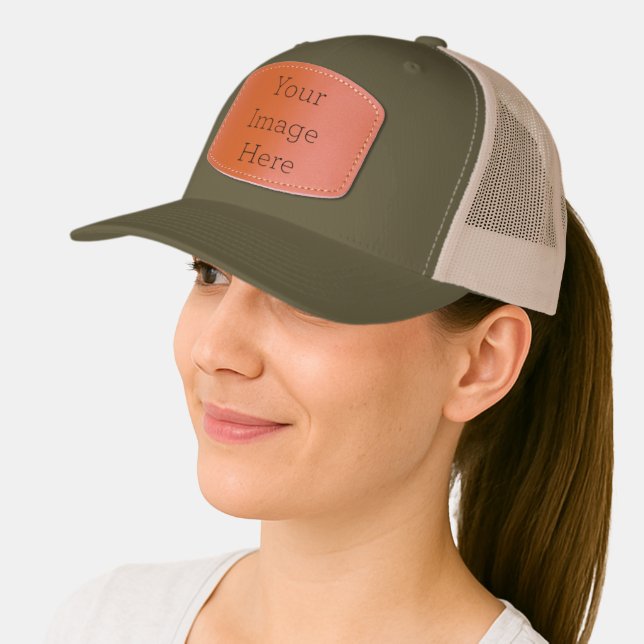 Custom Leather Patch Hat, Sytle: Adult Retro Trucker Cap, Color: Moss / Khaki, Shape: Convex Rectangle (Female)