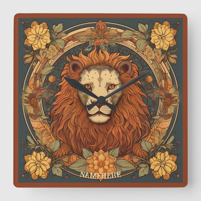 Create Your Own Art Nouveau Leo Zodiac Square Wall Clock (Front)