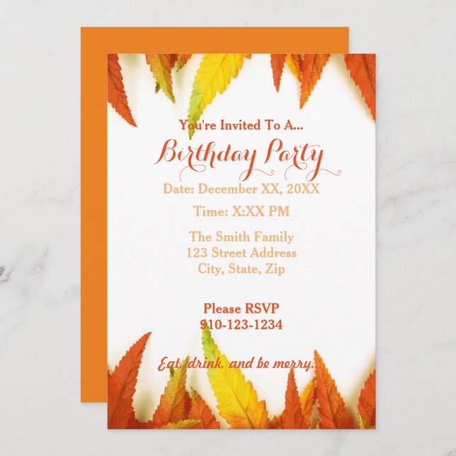 Create Your Own Autumn Birthday Party Invitation (Front/Back)