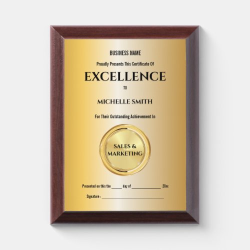 Create your own award certificate | CUSTOM gold Plaque
