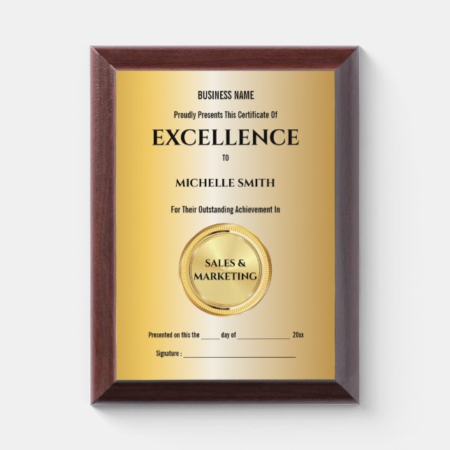 Create your own award certificate | CUSTOM gold Plaque (Vertical)