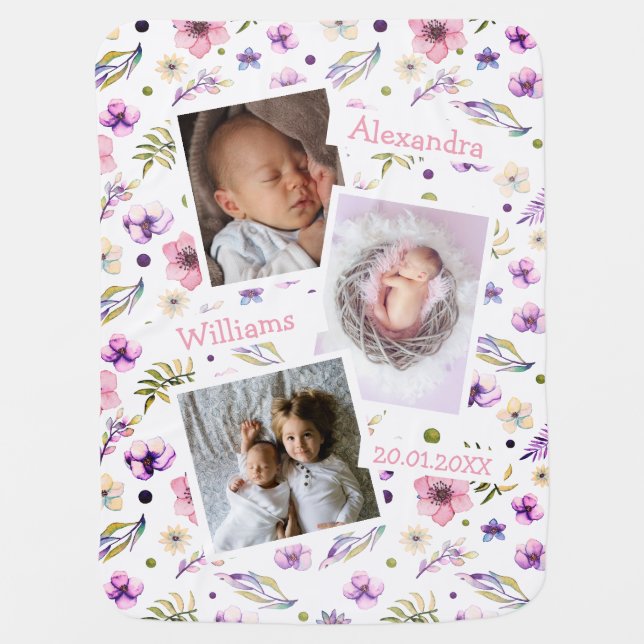 Create Your Own Baby Girl Custom Photo Name Floral Baby Blanket (Front)