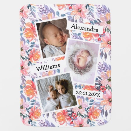 Create Your Own Baby Girl Custom Photo Name Floral Baby Blanket
