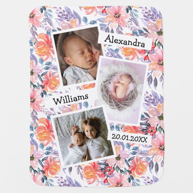 Create Your Own Baby Girl Custom Photo Name Floral Blanket (Front)