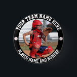 Create Your Own Baseball Player Photo Name Button<br><div class="desc">Photo of a baseball or softball catcher ready to receive the ball from the pitcher on a pin button. The photo template is easy to customize. Gift for a player or a team of softball, baseball, hockey, basketball, football, or any other sport. Easily place a square photo in the template...</div>