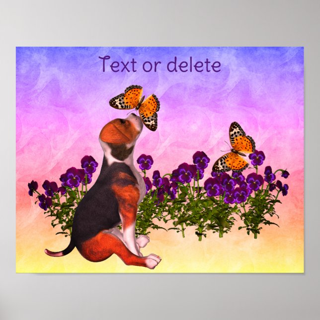 Create Your Own Beagle Puppy Butterflies Flowers Poster (Front)