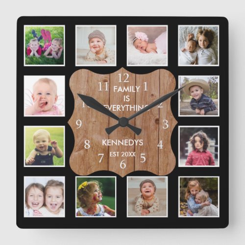 Create Your Own Black 12 Photo Collage Wood Square Wall Clock