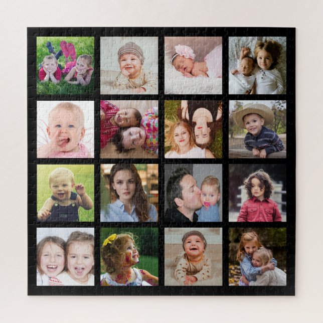 Create Your Own Black 16 Square Photo Collage Jigsaw Puzzle (Vertical)
