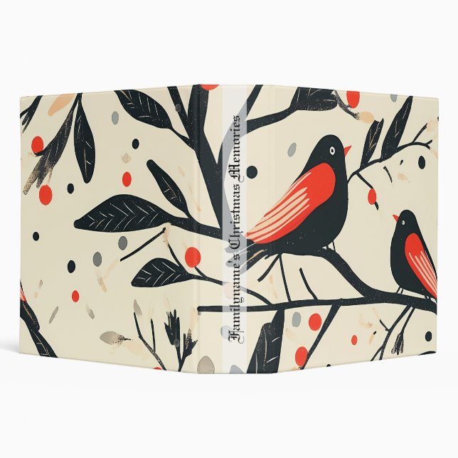 Create Your Own Black Beige Red Christmas Birds 3 Ring Binder (Background)