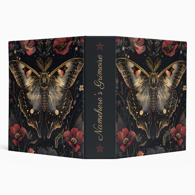 Create Your Own Black Gold Moth Ruby Red Floral 3 Ring Binder (Background)