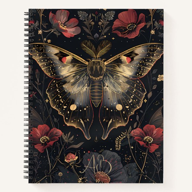Create Your Own Black Gold Moth Ruby Red Floral Notebook (Front)