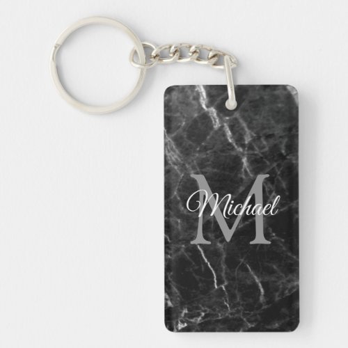 Create Your Own Black Marble Monogram Rectangle Keychain