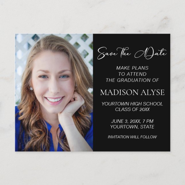 Create Your Own Black Photo Graduation Save Date A Announcement Postcard (Front)