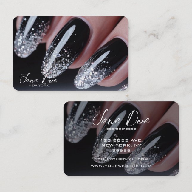 Create Your Own Black Silver Glitter Nails Business Card (Front/Back)