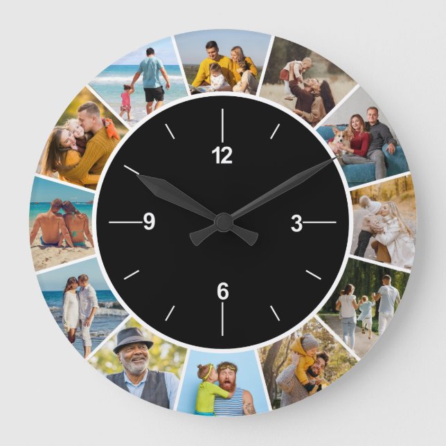 Create Your Own Black & White 12 Photo Collage  Large Clock (Front)