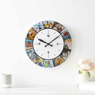 Create Your Own Black & White 12 Photo Collage Large Clock