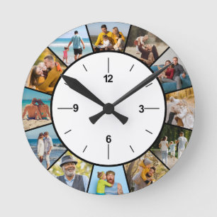 Create Your Own Black & White 12 Photo Collage Round Clock
