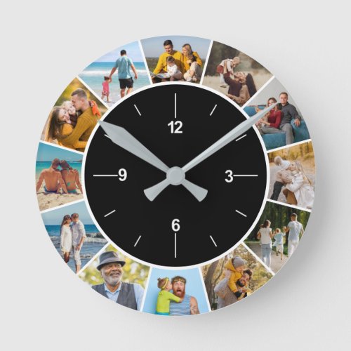 Create Your Own Black  White 12 Photo Collage  Round Clock