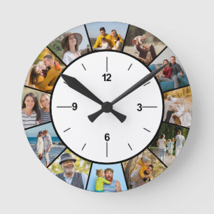 Create Your Own Black & White 12 Photo Collage Round Clock