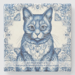 Create Your Own Blue Chinoiserie Floral Cat Stone Coaster
