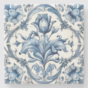 Create Your Own Blue Chinoiserie Flower Tiled Stone Coaster