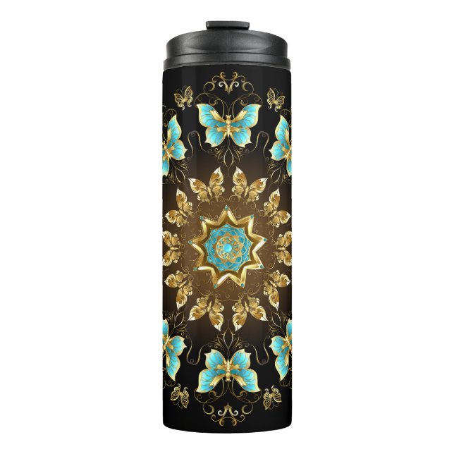 Create Your Own Blue & Gold Butterflies Mandala Thermal Tumbler (Front)