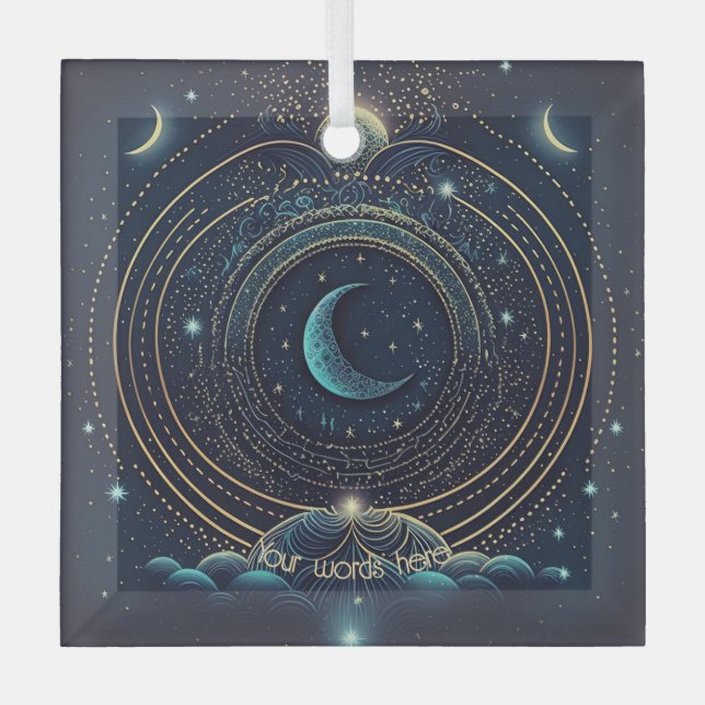 Create Your Own Blue & Gold Celestial Landscape Glass Ornament (Front)