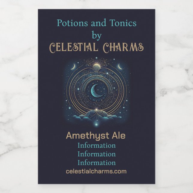 Create Your Own Blue & Gold Celestial Lunar Wine Label (Single Label)