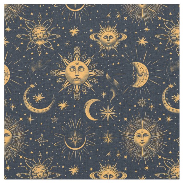 Create Your Own Blue Gold Celestial Moon & Stars Fabric (Close Up)